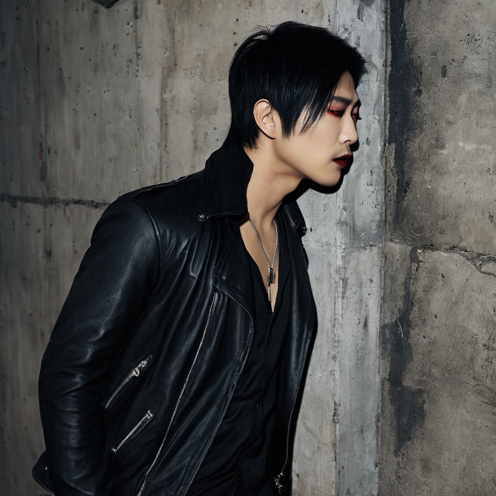 absurdres, in a underground music venue with a smoky atmosphere, asian vampire, hyperrealistic, lean...