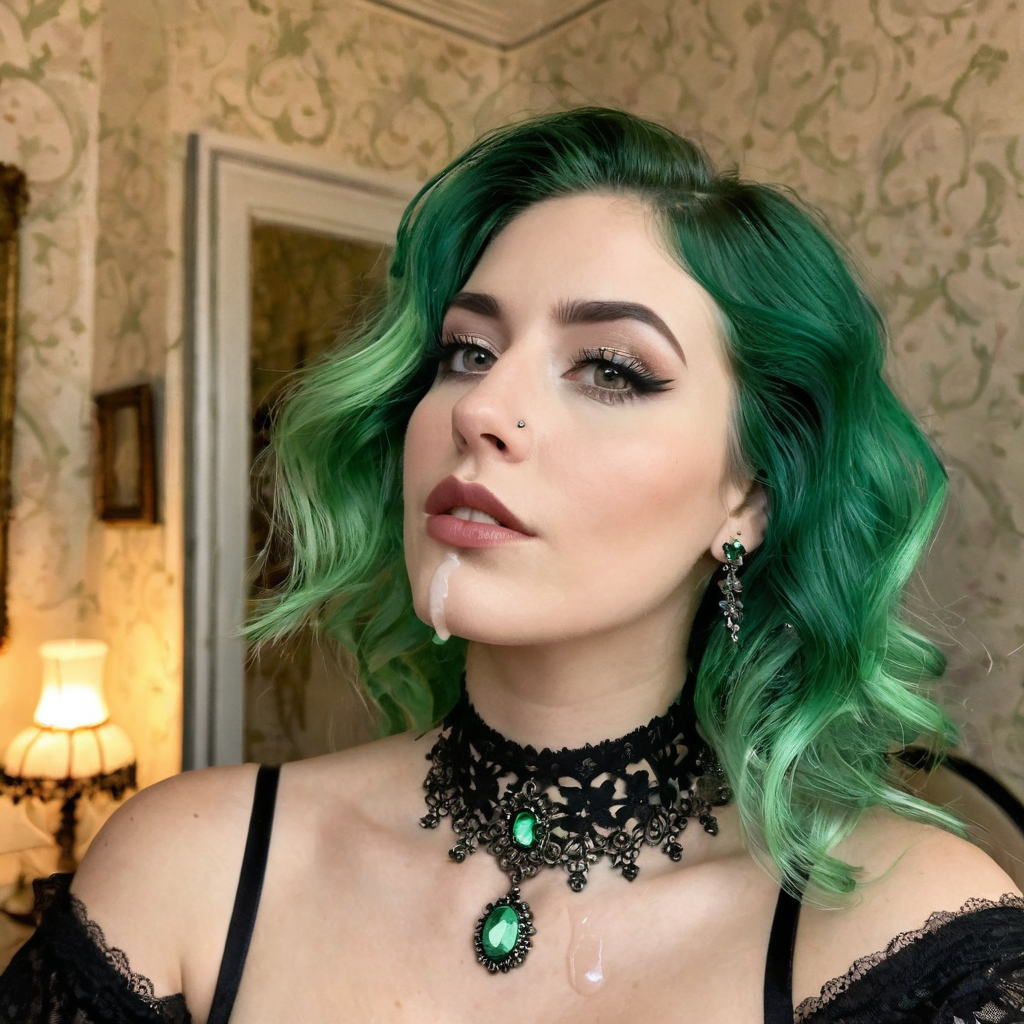 masterpiece, shallow depth of field, working late, pierced woman with green hair, in a Victorian bou...