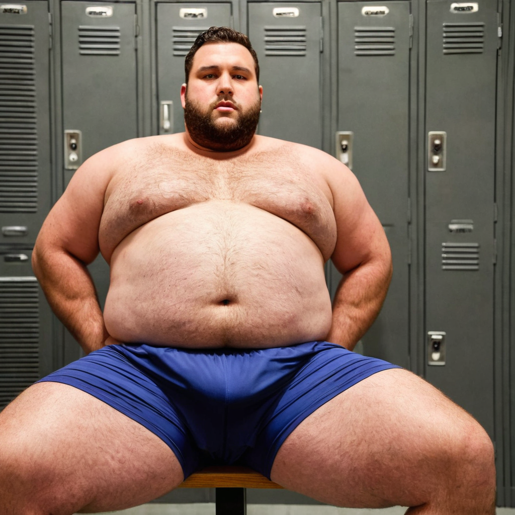 fat chubby male with huge man breasts and a massive oversized crotch bulge, he is shirtless and wear...