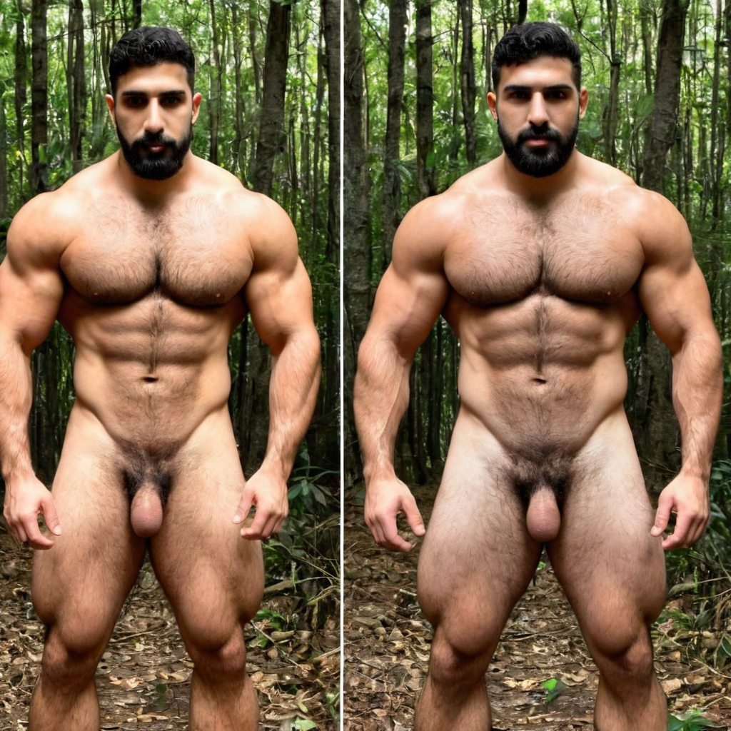 en medio de un frondozo bosque vemos de cuerpo completo a un chico de 29 años, macizo, grueso con pa...