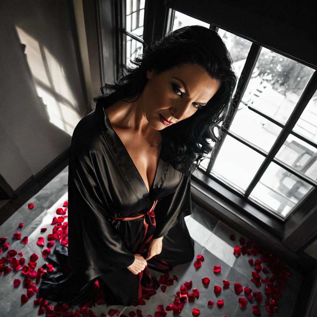 masterpiece, absurdres, mature witch, with soft window light illuminating her face, wearing a silk r...