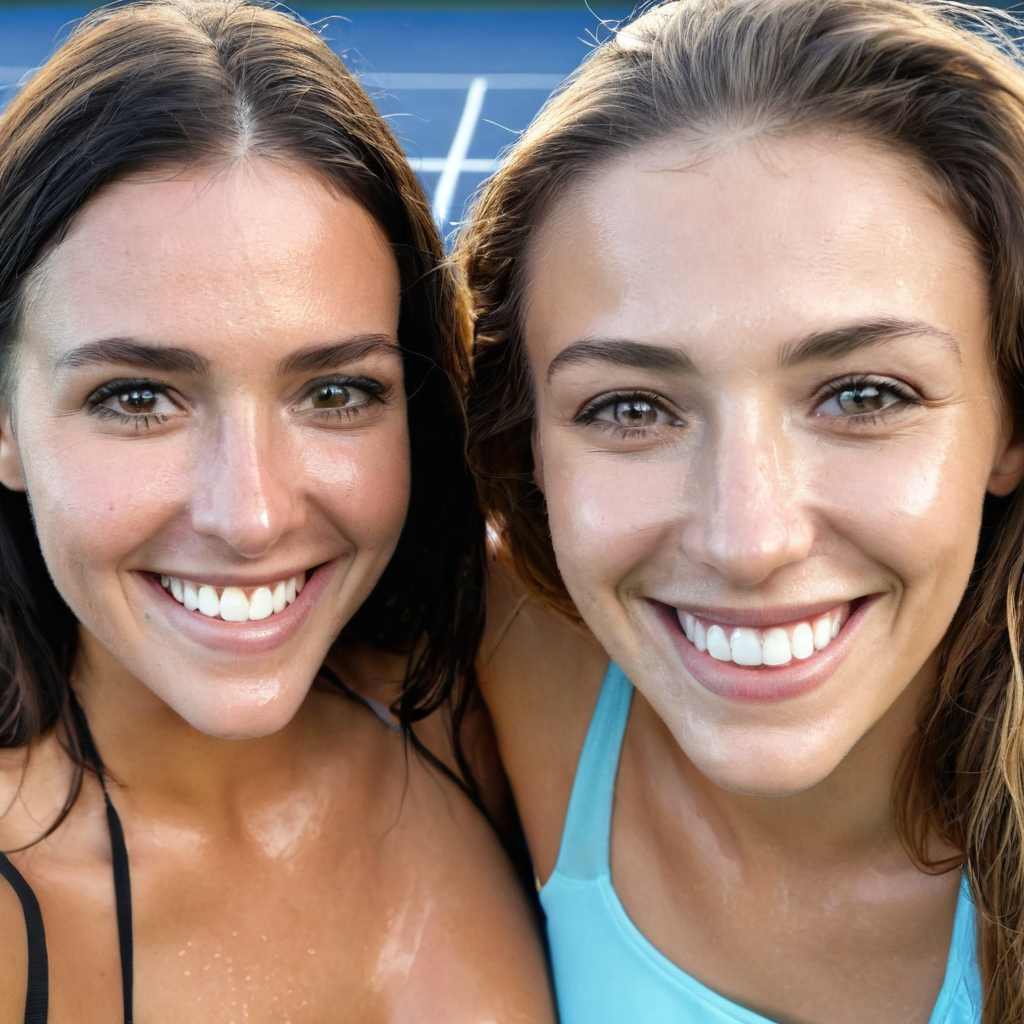 full body shot of two beautiful bright-skinned women preparing for start in a tennis match, outdoor...
