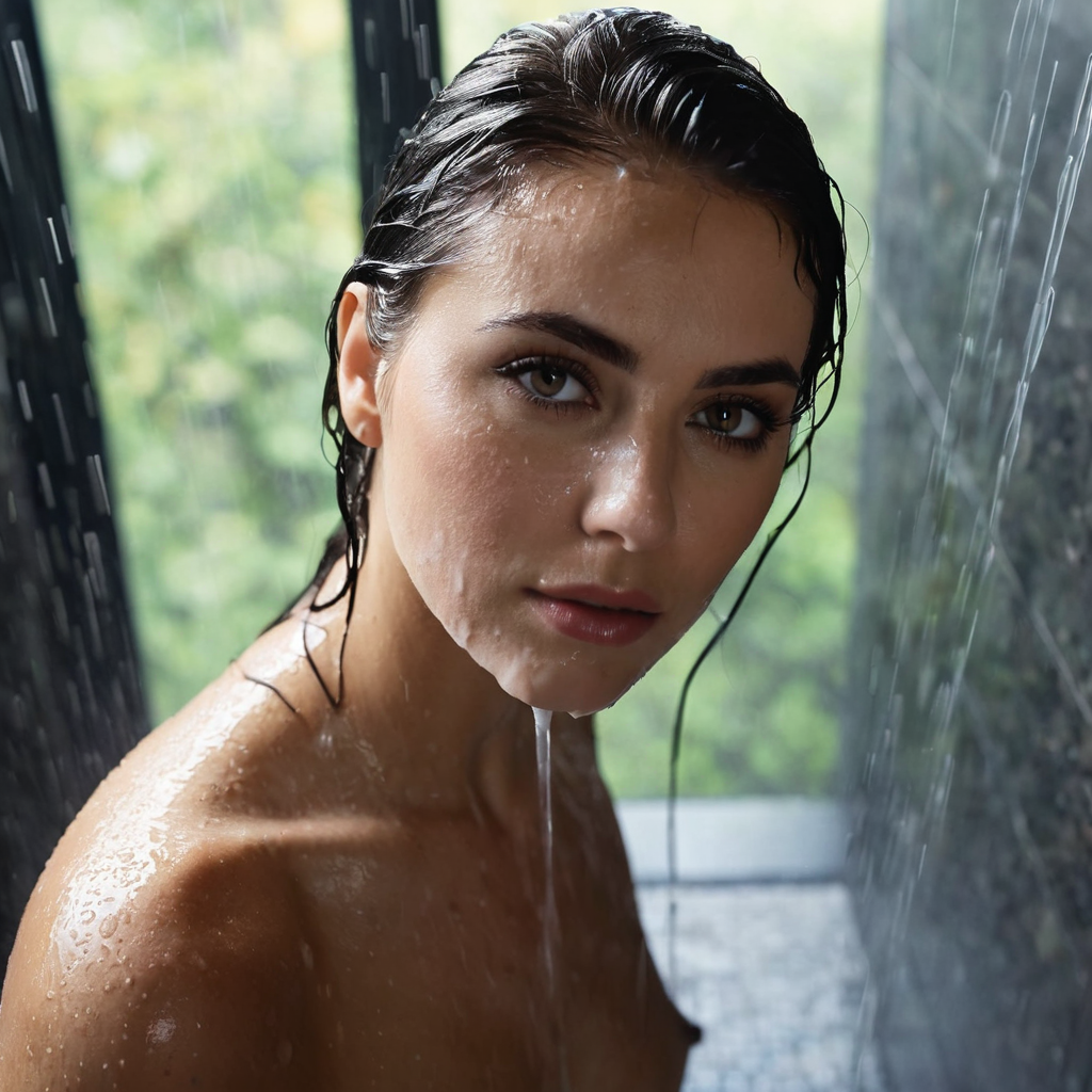 high quality, masterpiece, R/cumsluts, with soft window light illuminating her face, bird's eye view...