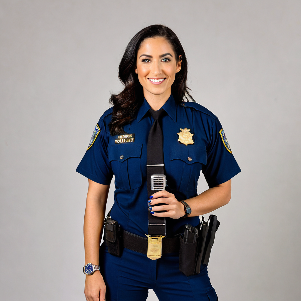 A female police officer, rank of sergeant, poses assuredly in front of a clean white background. Her...