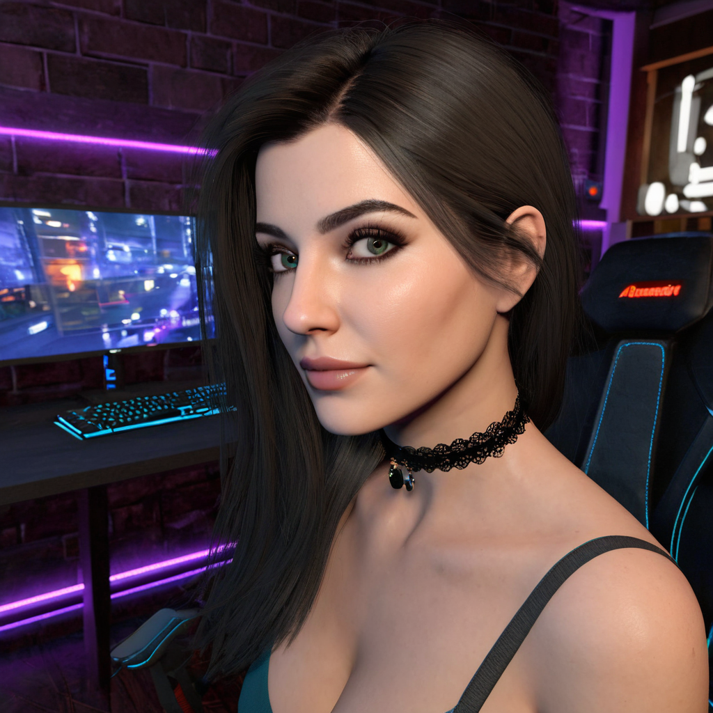 absurdres, R/Amateur, mature gamer girl, working late, a delicate choker, unreal engine 5 render