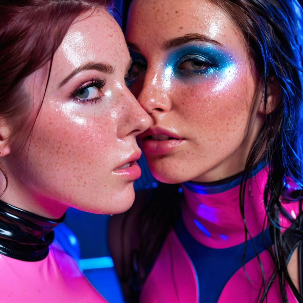 photorealistic details, sharing an intimate moment, with flashing neon club lights (pink and blue),...