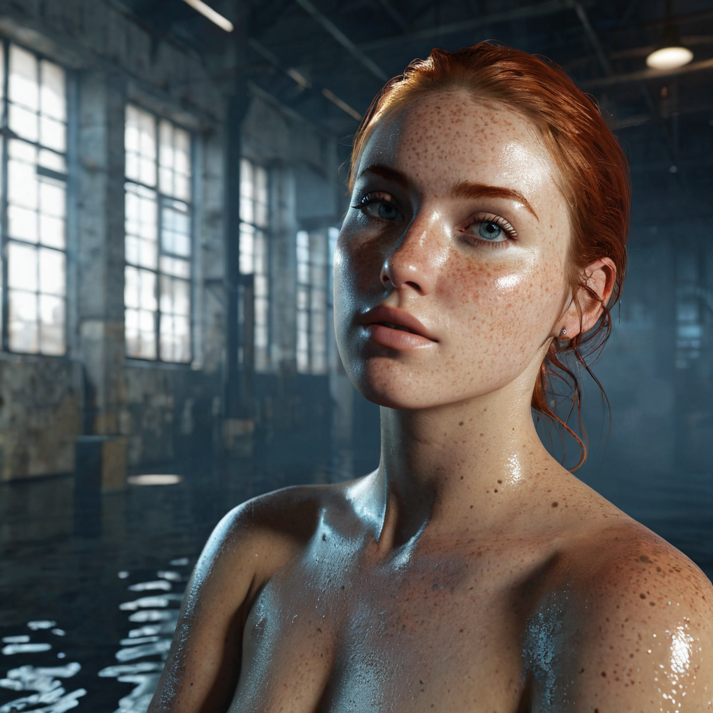 ultra realistic, in a abandoned industrial warehouse, detailed skin imperfections (pores, freckles),...