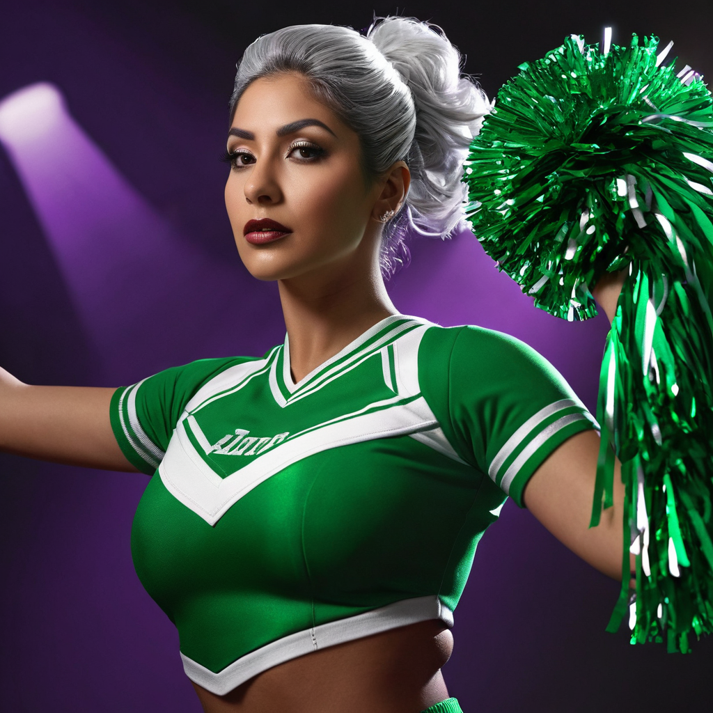 photorealistic details, latina woman with silver hair, film noir style, a cheerleader uniform, trend...
