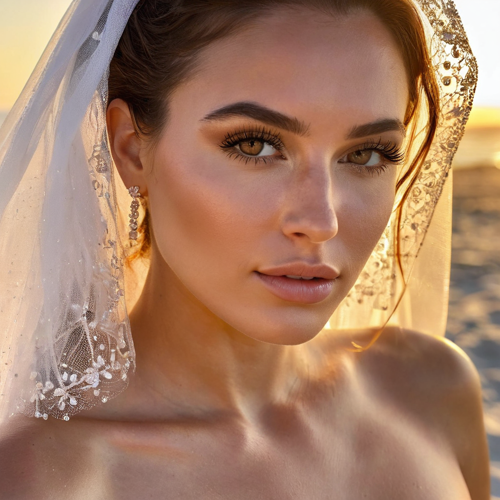 best aesthetic, girl next door type, wearing a wedding veil, arched back, in a beach at sunset, with...