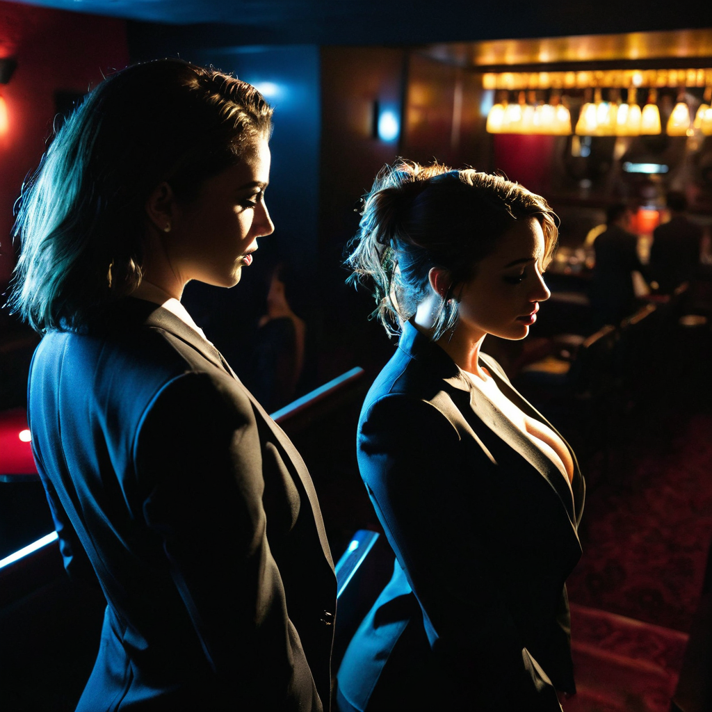 high quality, two petite women, a business suit slightly undone, arched back, in a dimly lit jazz cl...