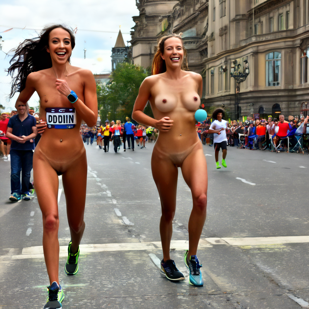 full body shot of two beautiful bright-skinned women on a marathon competition, running and fighting...