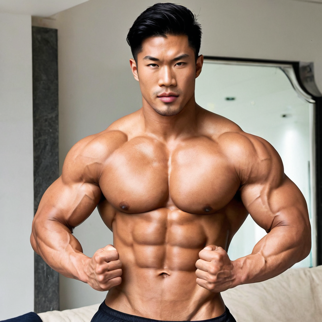 Asian stud, black hair, big muscles, indoor, male