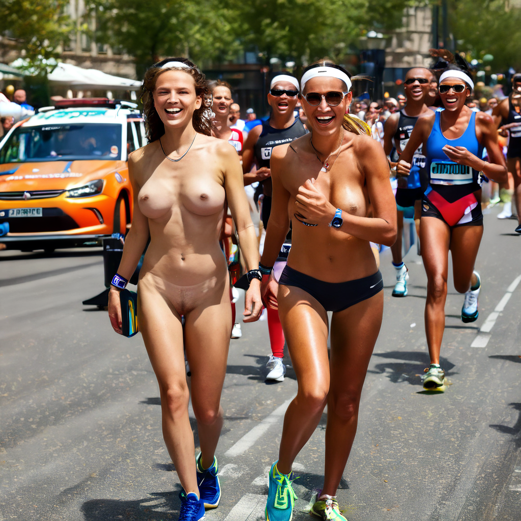full body shot of two beautiful bright-skinned women on a marathon competition, running and fighting...